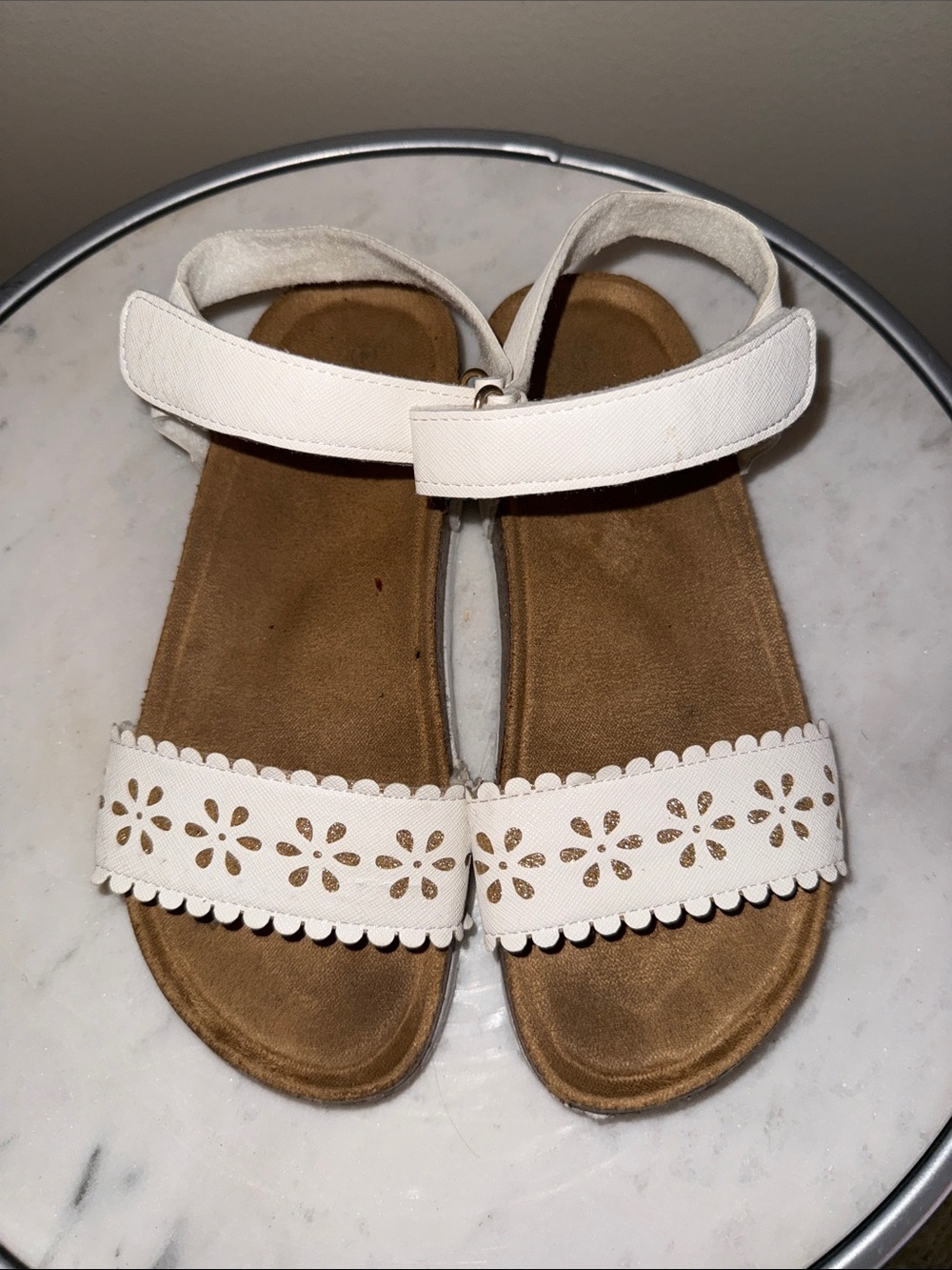 Kids White Floral Laser-Cut Ankle Strap Sandals